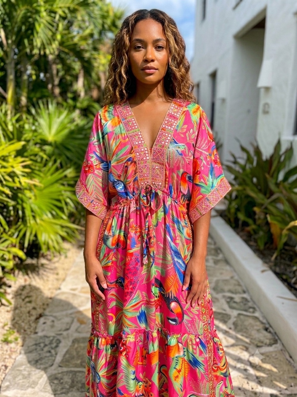 Vibrant Pink Tropical Print Dress